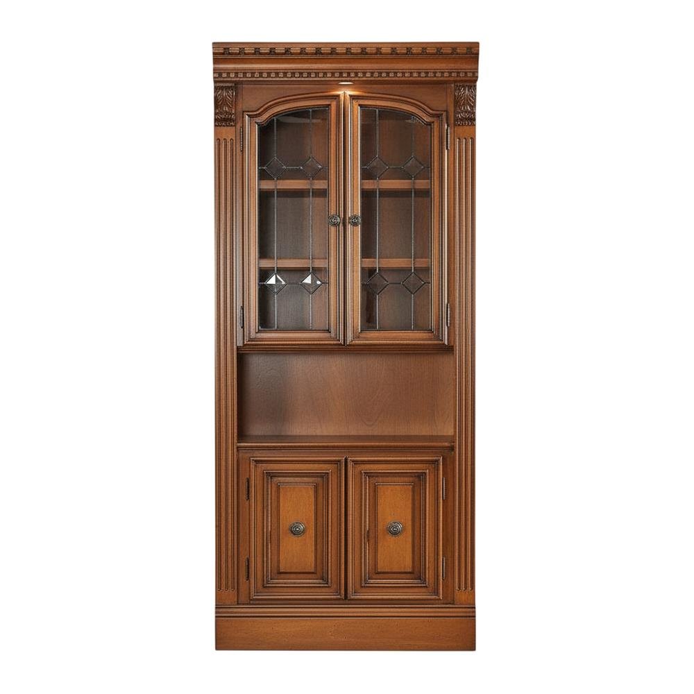 Brown 32 Inch Glass Door Cabinet with Traditional English Library Style