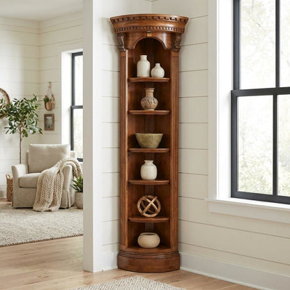 Traditional English Library Corner Bookcase in Warm Brown Finish, Easy Assembly