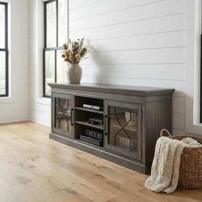 Smokey Grey TV Console, Rustic Traditional Style, Solid Mango Construction