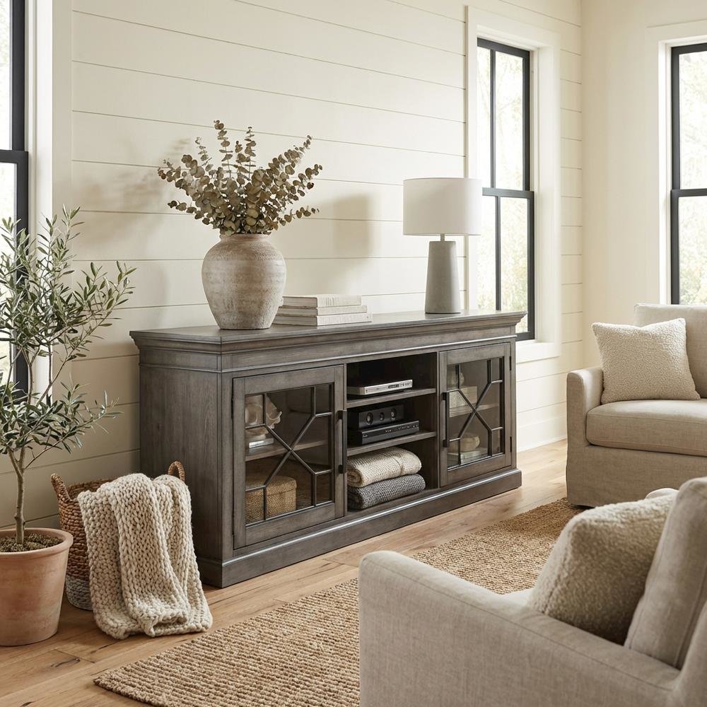 Smokey Grey TV Console, Rustic Traditional Style, Solid Mango Construction