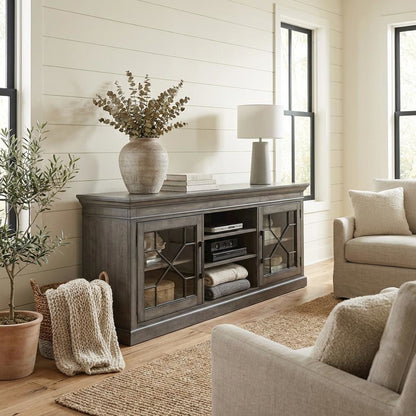 Smokey Grey TV Console, Rustic Traditional Style, Solid Mango Construction