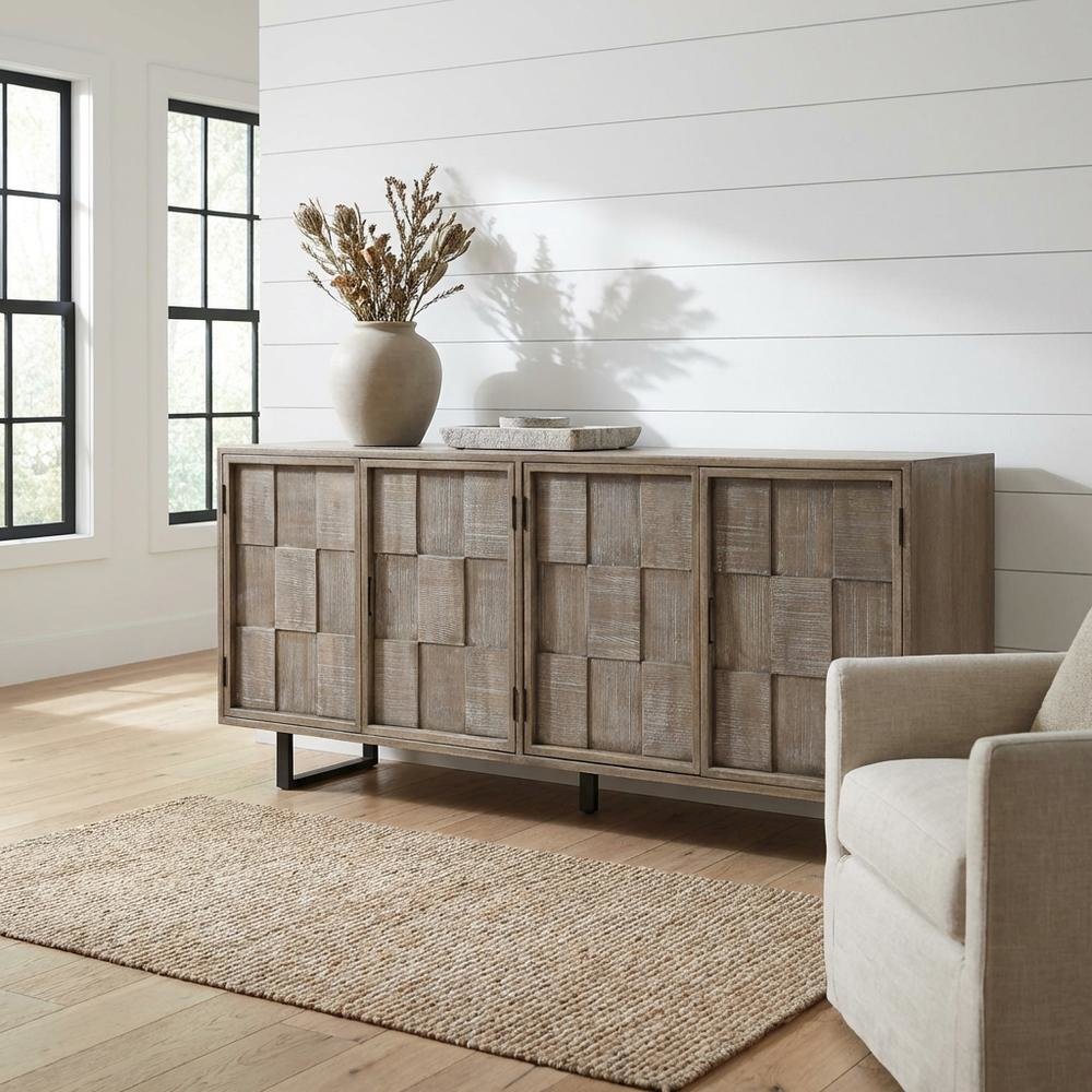 Brown solid mango TV console with transitional style and 78-inch width