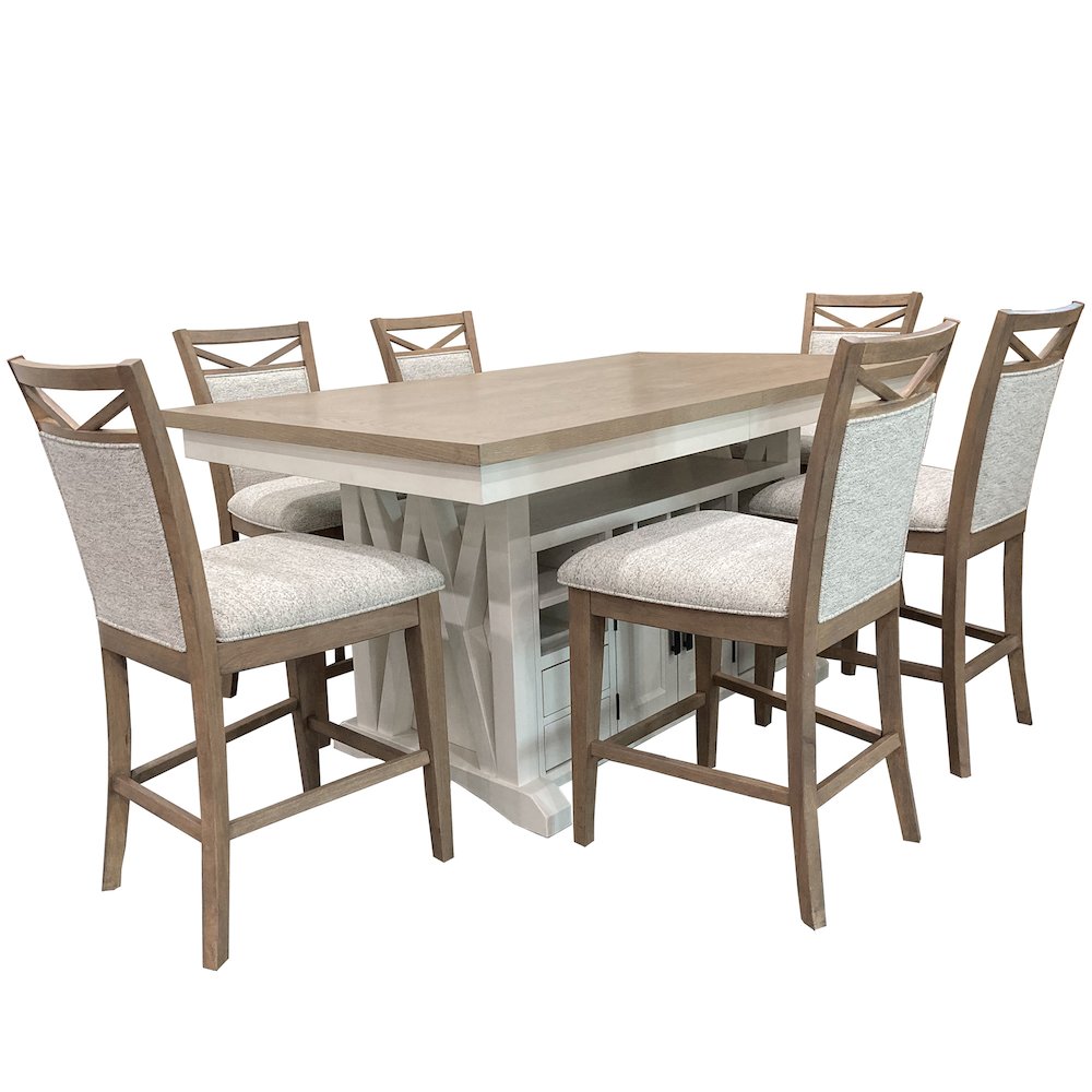 Modern Dining Island Counter Height Table with 6 upholstered chairs