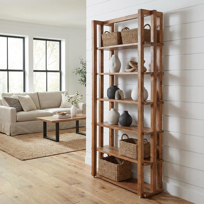 Brown transitional bookcase with sturdy construction and ample storage