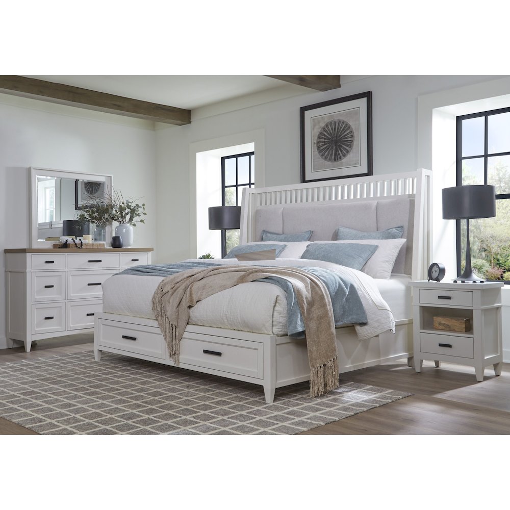 Modern Bedroom Queen Shelter Bed 2 Nightstands and Dresser with Mirror