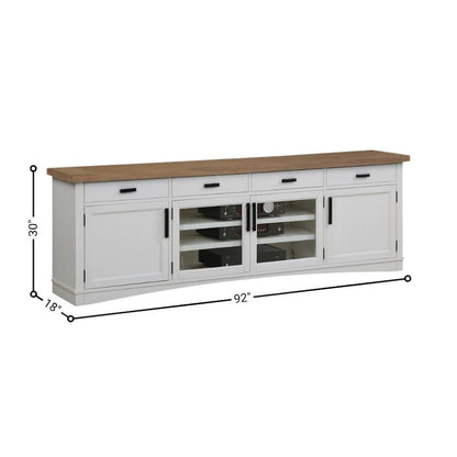 White 92 Inch TV Stand with Oak Top, Long Entertainment Center Console