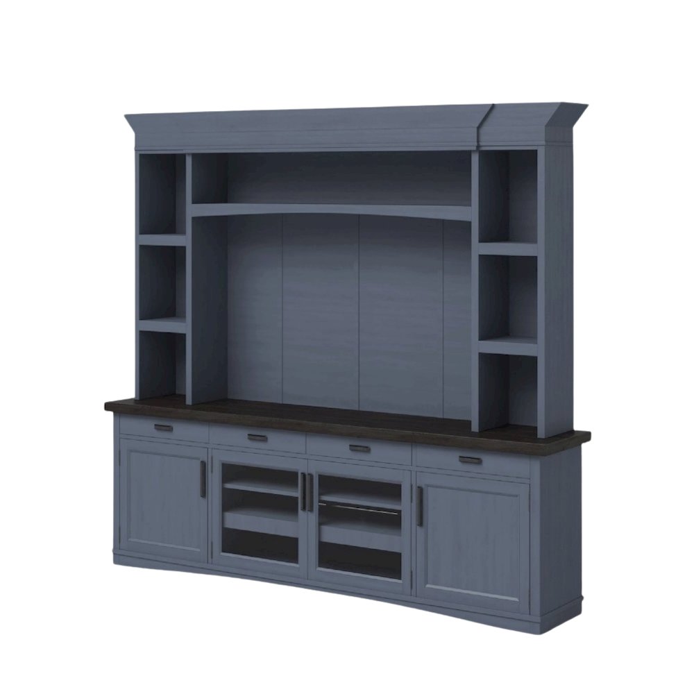 Blue Entertainment Center with Storage and Bookshelves