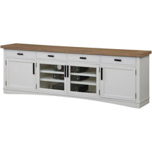 White 92 Inch TV Stand with Oak Top, Long Entertainment Center Console
