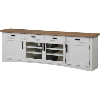 White 92 Inch TV Stand with Oak Top, Long Entertainment Center Console
