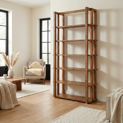 Brown transitional bookcase with sturdy construction and ample storage