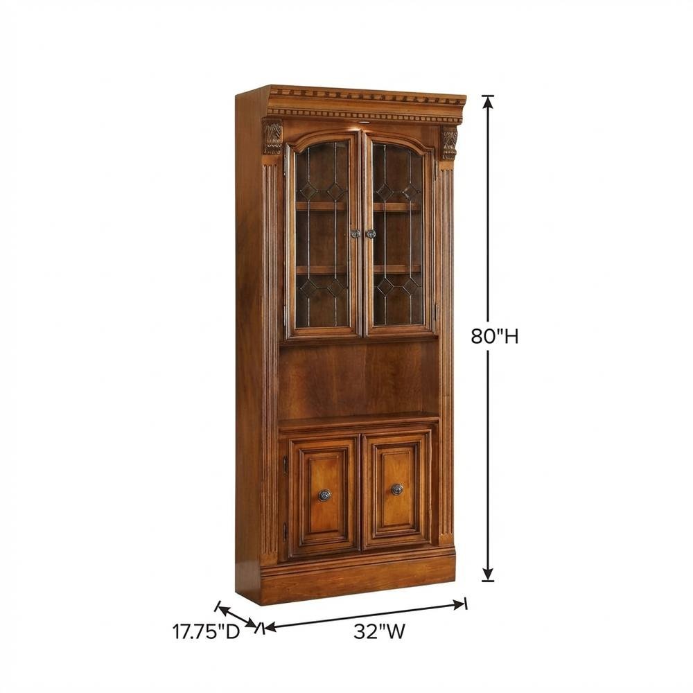 Brown 32 Inch Glass Door Cabinet with Traditional English Library Style