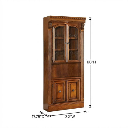 Brown 32 Inch Glass Door Cabinet with Traditional English Library Style