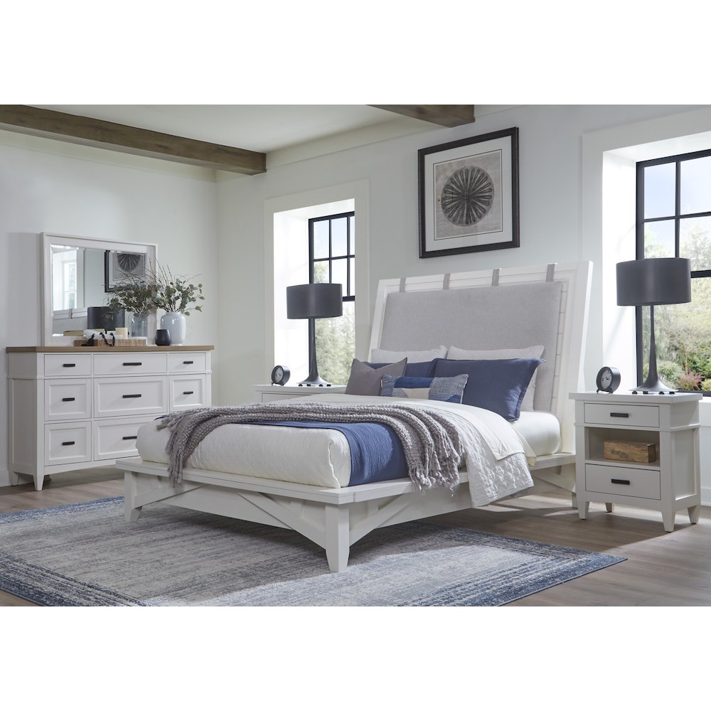 Modern Bedroom King Platform Bed 2 Nightstands and Dresser with Mirror