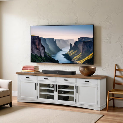 White 92 Inch TV Stand with Oak Top, Long Entertainment Center Console