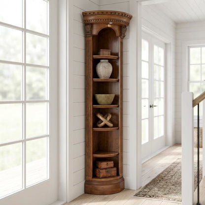 Traditional English Library Corner Bookcase in Warm Brown Finish, Easy Assembly