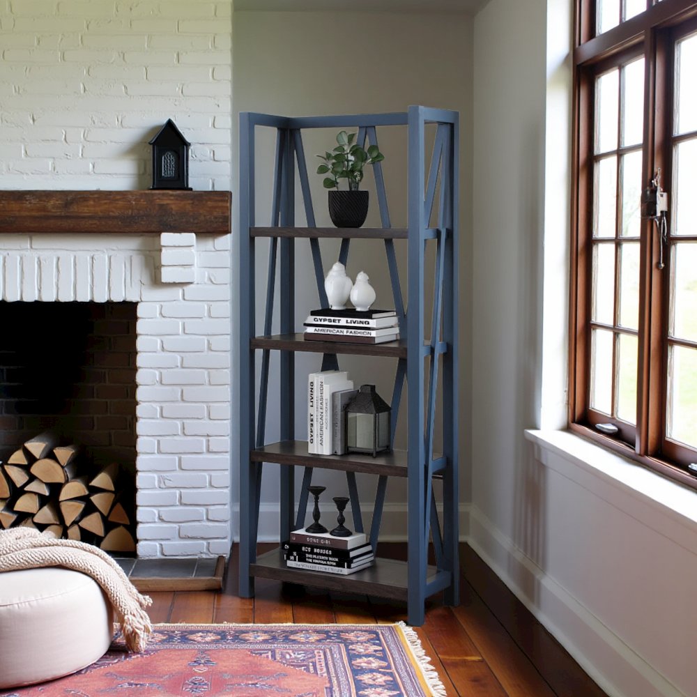 Blue Wooden Bookshelve, Tall Bookcase with 4-Tier Wood Bookshelf Design
