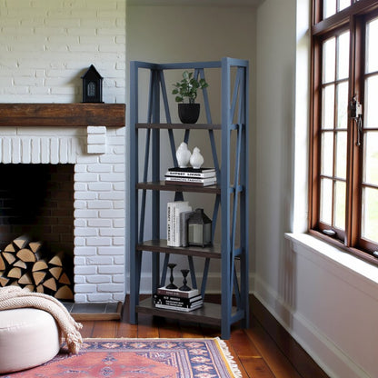 Blue Wooden Bookshelve, Tall Bookcase with 4-Tier Wood Bookshelf Design