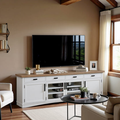 White 92 Inch TV Stand with Oak Top, Long Entertainment Center Console