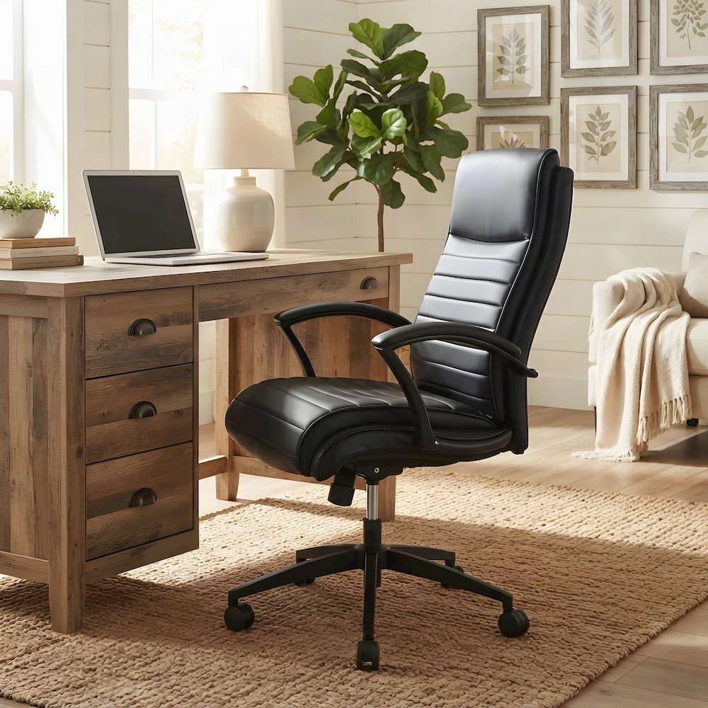 Top Grain Leather Mid-Back Ergonomic Rolling Office Chair, Swivel, Black