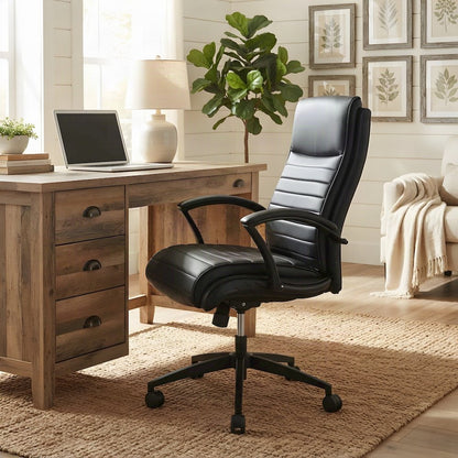 Top Grain Leather Mid-Back Ergonomic Rolling Office Chair, Swivel, Black