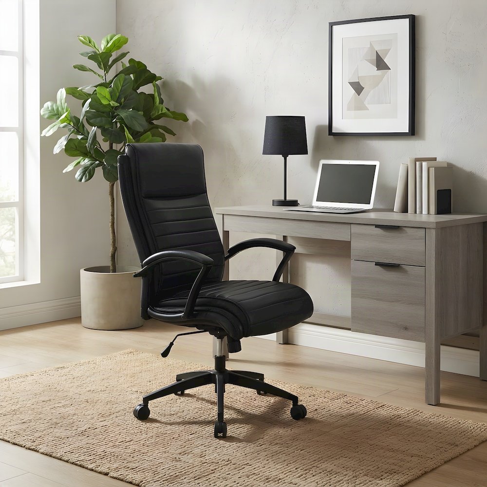 Top Grain Leather Mid-Back Ergonomic Rolling Office Chair, Swivel, Black