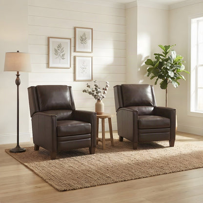 Top Grain Leather Manual Recliner Chairs, Lay-Flat, Set of 2, Brown