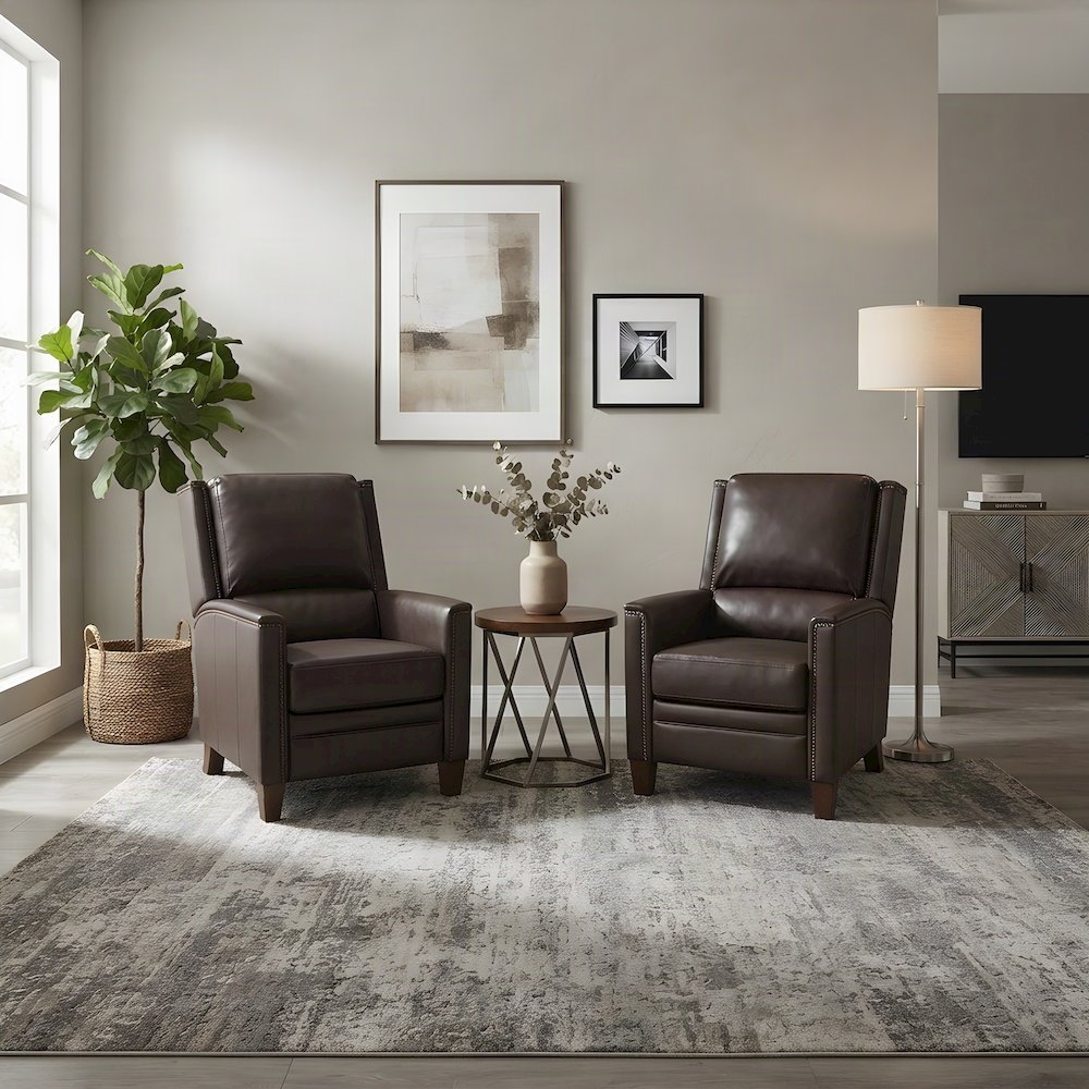 Top Grain Leather Manual Recliner Chairs, Lay-Flat, Set of 2, Brown