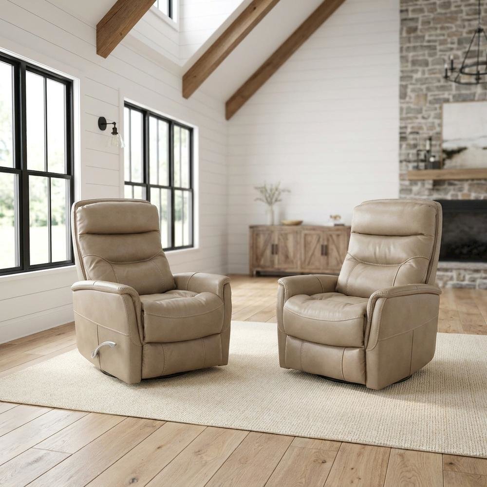 Tan linen swivel glider recliner set with transitional style and plush seating