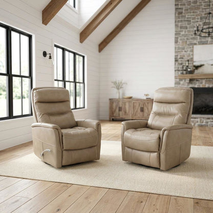 Tan linen swivel glider recliner set with transitional style and plush seating