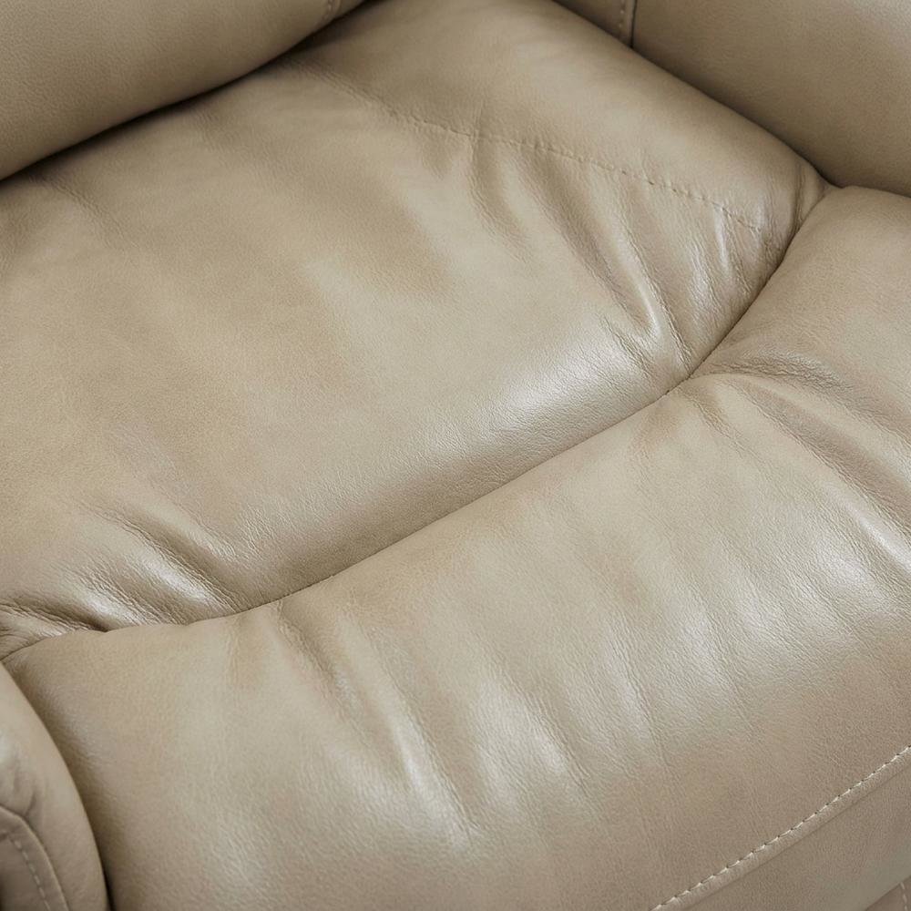 Tan linen swivel glider recliner set with transitional style and plush seating