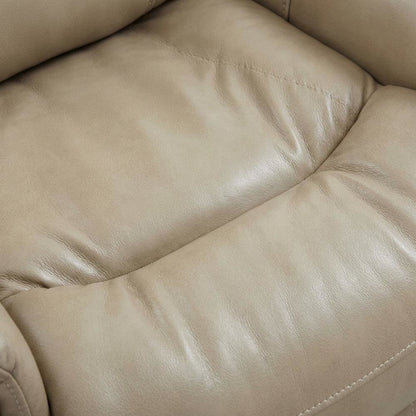 Tan linen swivel glider recliner set with transitional style and plush seating