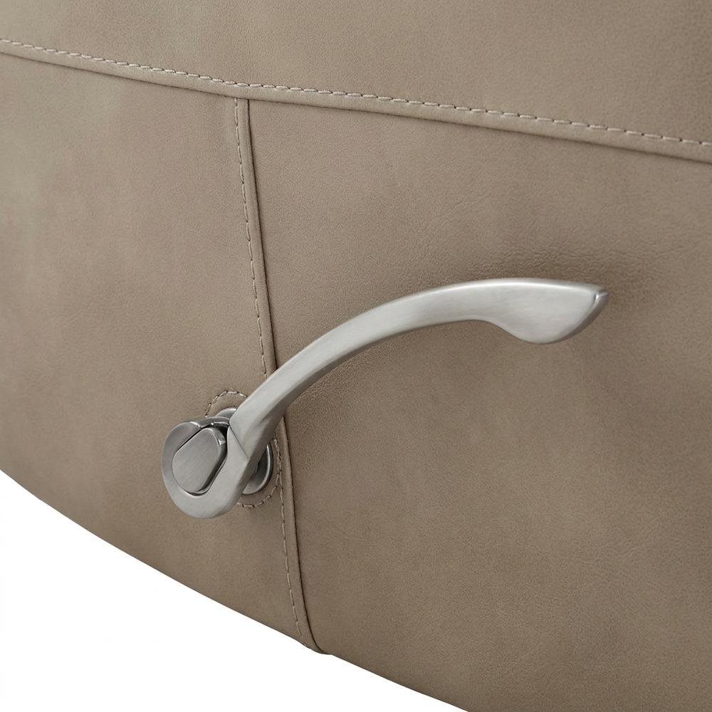 Tan linen swivel glider recliner set with transitional style and plush seating