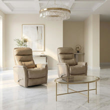 Tan linen swivel glider recliner set with transitional style and plush seating