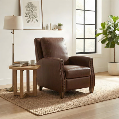 Top Grain Leather Manual Recliner Chair with Lay-Flat Pushback Design, Brown