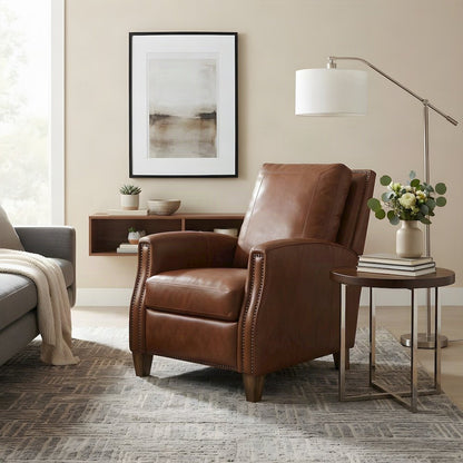 Top Grain Leather Manual Recliner Chair with Lay-Flat Pushback Design, Brown