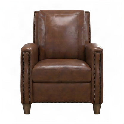 Top Grain Leather Manual Recliner Chair with Lay-Flat Pushback Design, Brown
