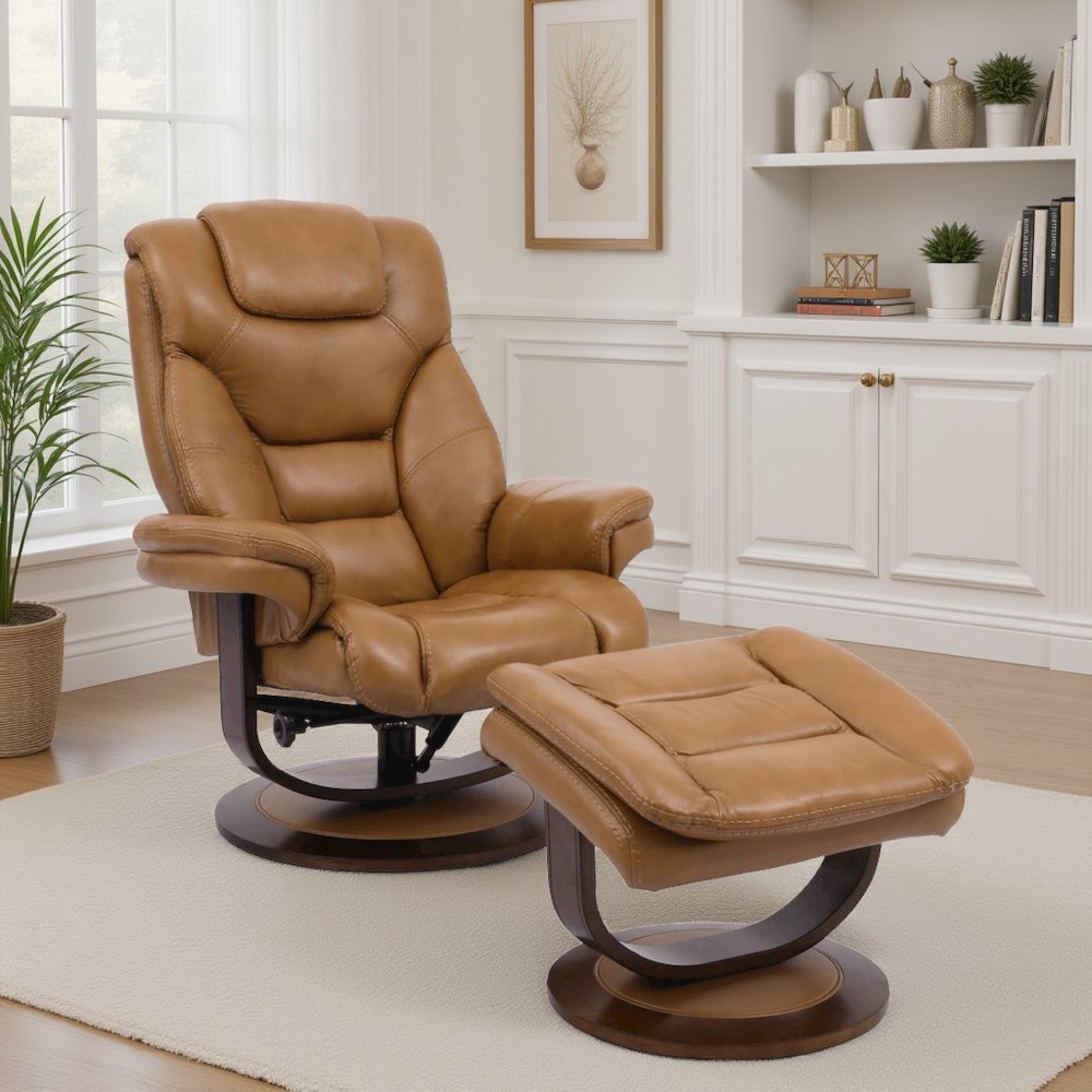 Brown Leather Lounge Chair with Ottoman – Modern Swivel Recliner TV Chair