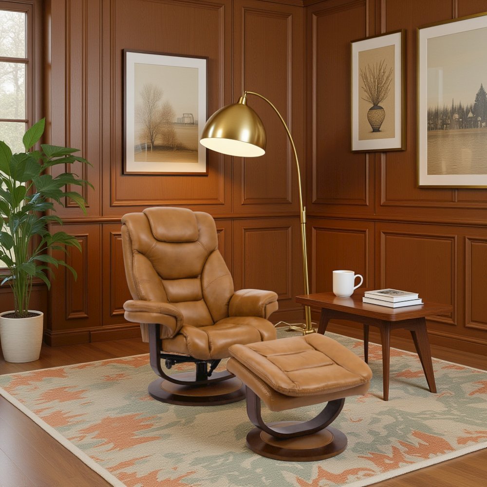 Brown Leather Lounge Chair with Ottoman – Modern Swivel Recliner TV Chair