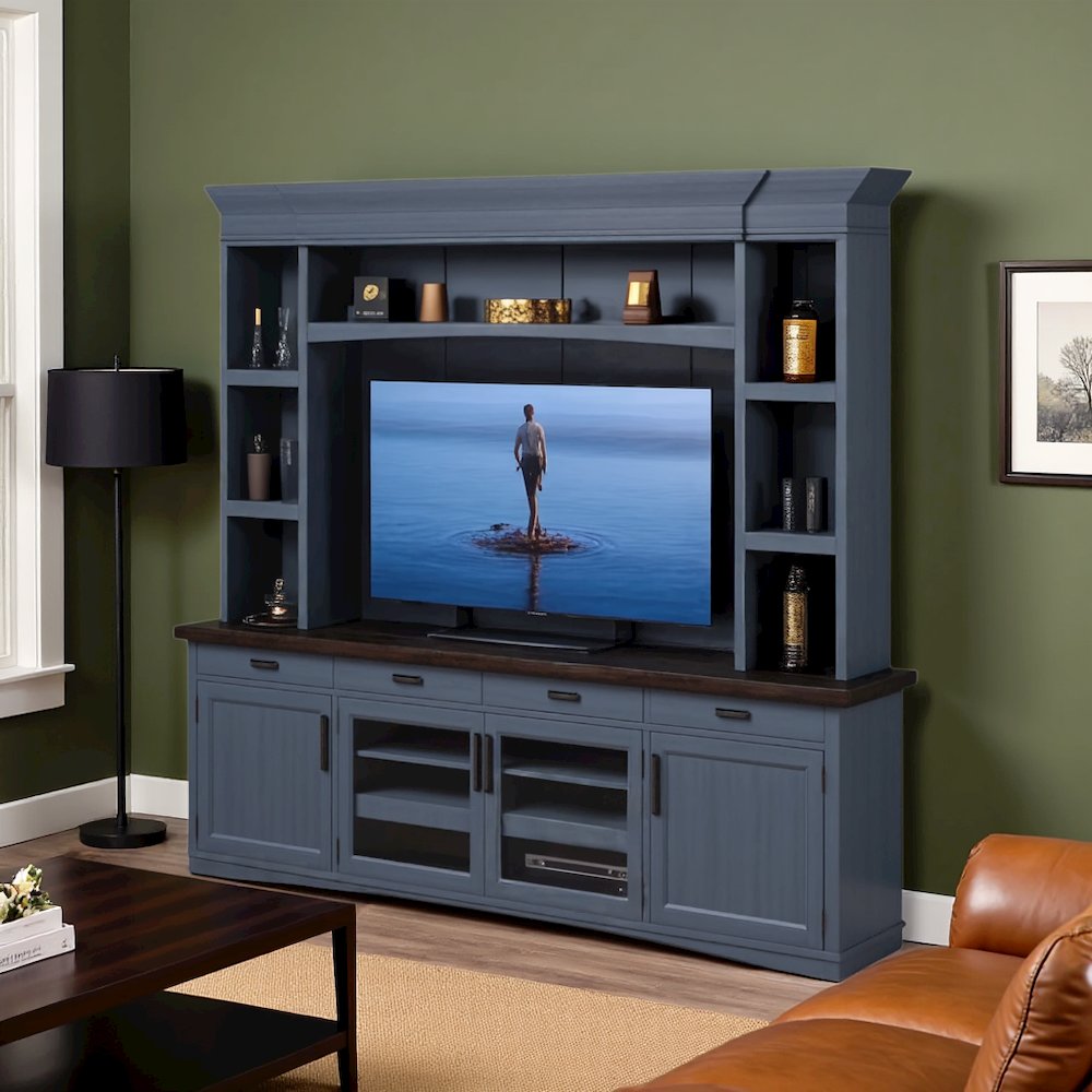 Blue Entertainment Center with Storage and Bookshelves