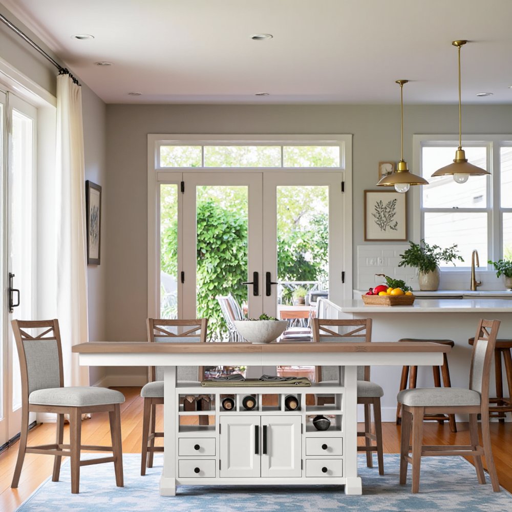 White Counter Height Dining Table with Storage and Oak Veneer Top