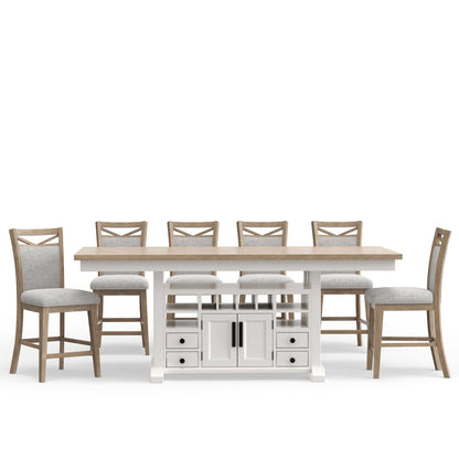 Modern Dining Island Counter Height Table with 6 upholstered chairs