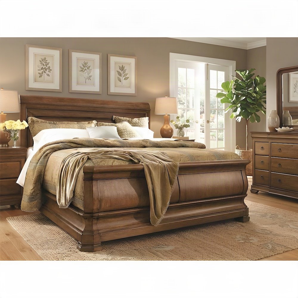 Alder Solids Sleigh Bed Queen Frame with Headboard, Distressed Finish, Cognac