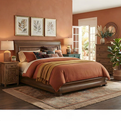 Alder Solids Sleigh Bed Queen Frame with Headboard, Distressed Finish, Cognac