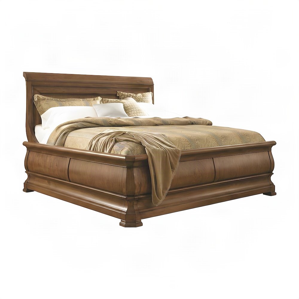 Alder Solids Sleigh Bed Queen Frame with Headboard, Distressed Finish, Cognac