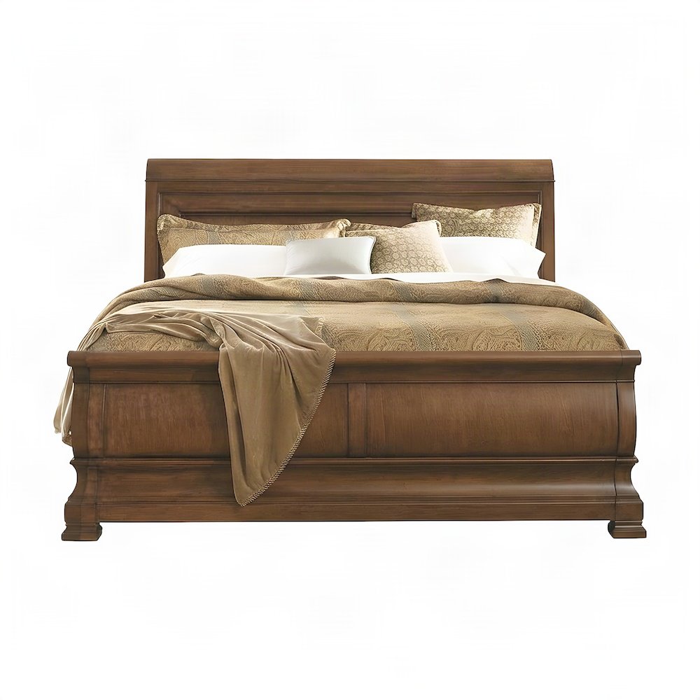 Alder Solids Sleigh Bed Queen Frame with Headboard, Distressed Finish, Cognac
