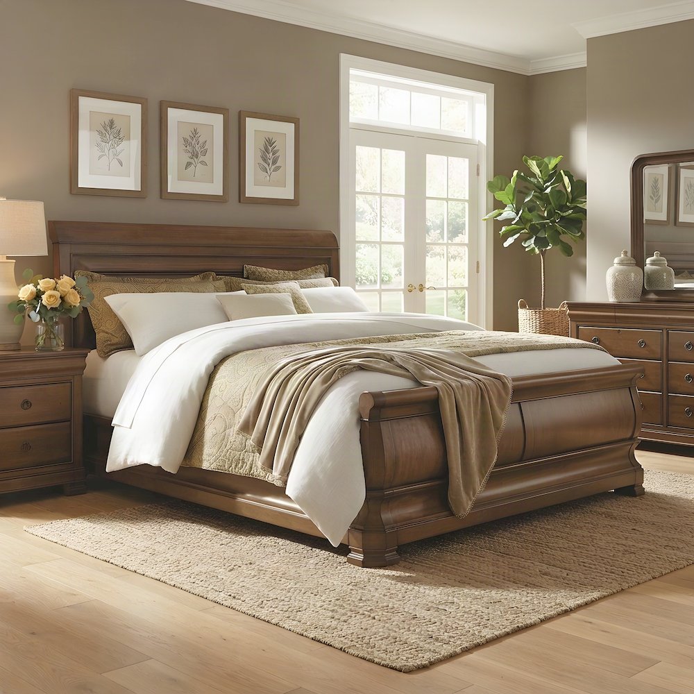 Alder Sleigh Bed with Curved Headboard and Footboard, King Bed Frame, Cognac