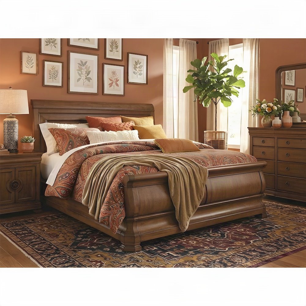 Alder Sleigh Bed with Curved Headboard and Footboard, King Bed Frame, Cognac