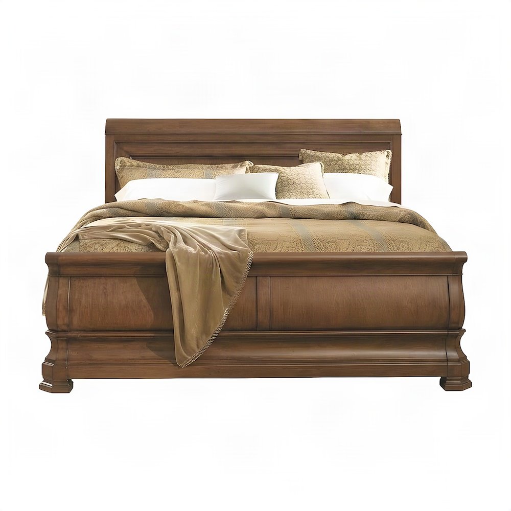 Alder Sleigh Bed with Curved Headboard and Footboard, King Bed Frame, Cognac