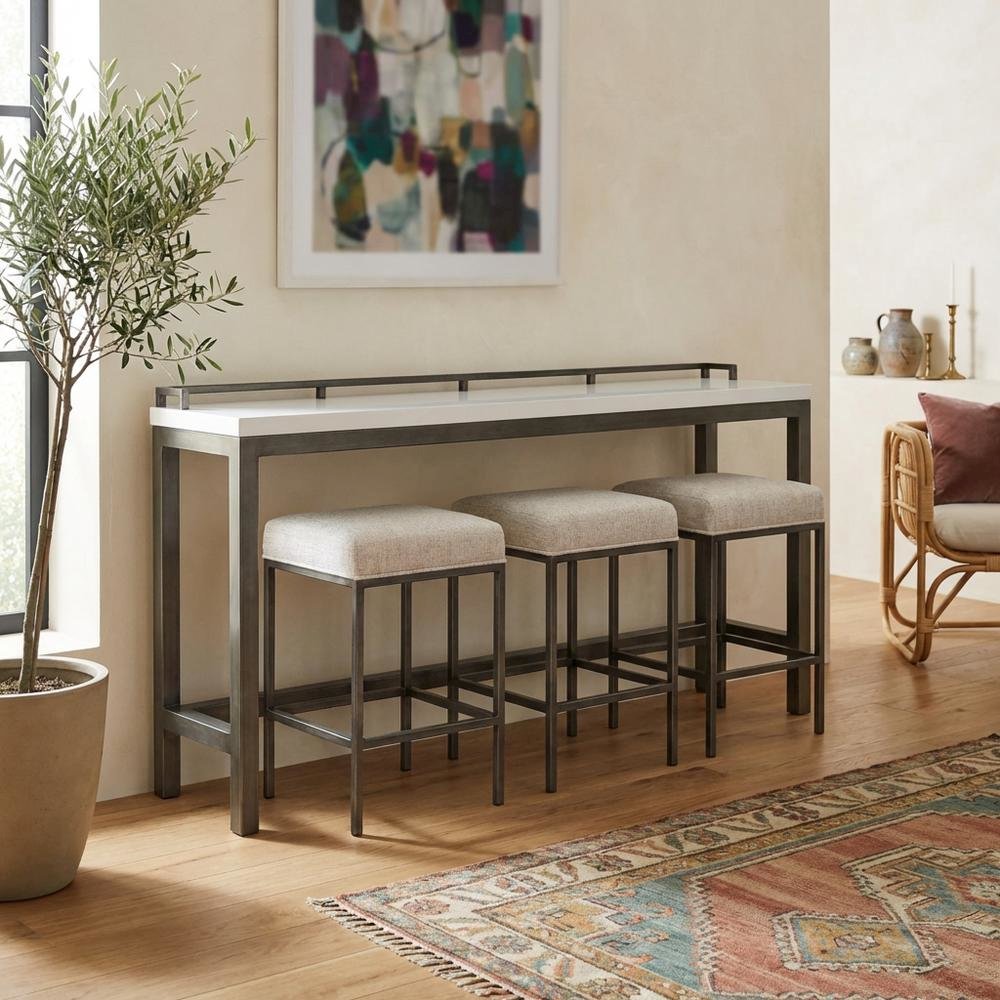 White Console Table with Stools for Bar Seating and Living Room Use