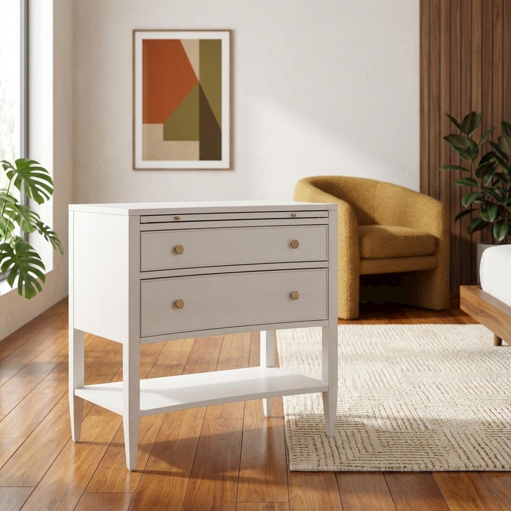 Elegant White Nightstand with Two Drawers and Pull-Out Shelf Design